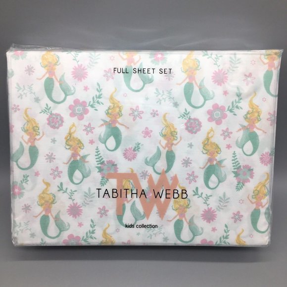 4pc Mermaid FULL Sheet Set Floral Ocean Pink Mint Green Tabitha Webb Designer - Picture 1 of 6